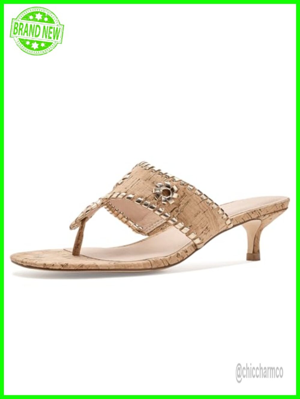 Womens Kitten Heel Slide Sandals Whipstitch Rondelle Leather Cork Square Toe